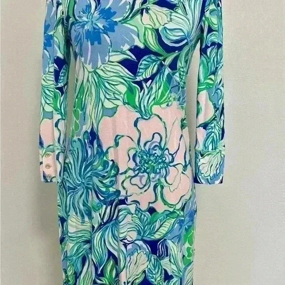 150. Lilly Pulitzer Sophie Dress Party Thyme 3/4 Sleeve UPF 50+ Straight Fit - Picture 2 of 8
